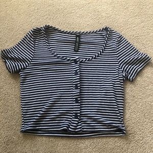 Navy and white striped button up crop top